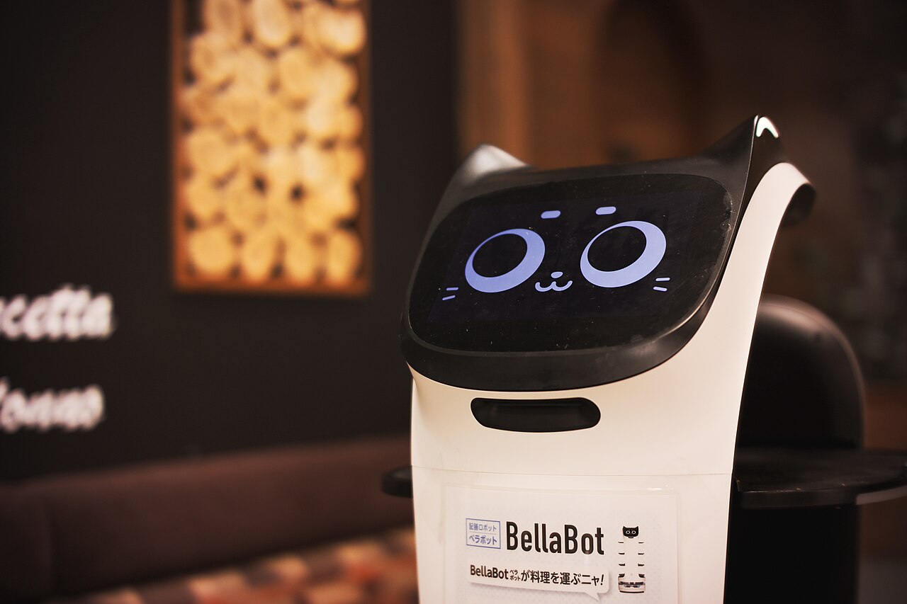 Pudu Robotics BellaBot: Close-up of the cat-face display in a restaurant in Japan