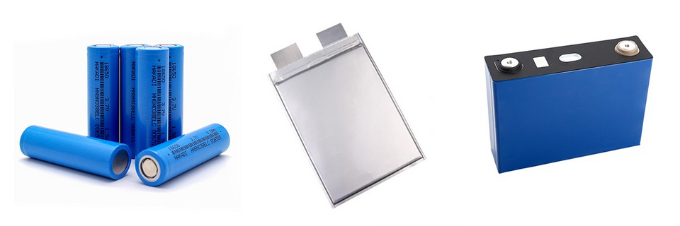 Drawings of three lithium-ion cell formats side by side: a cylindrical cell, a flat pouch cell and a rectangular prismatic cell.