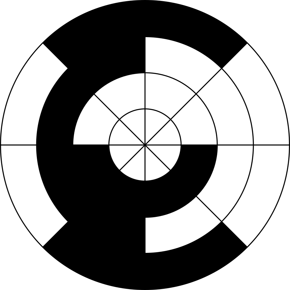 A round disc with three concentric rings divided into black and white segments, so each of eight sectors has a different pattern.