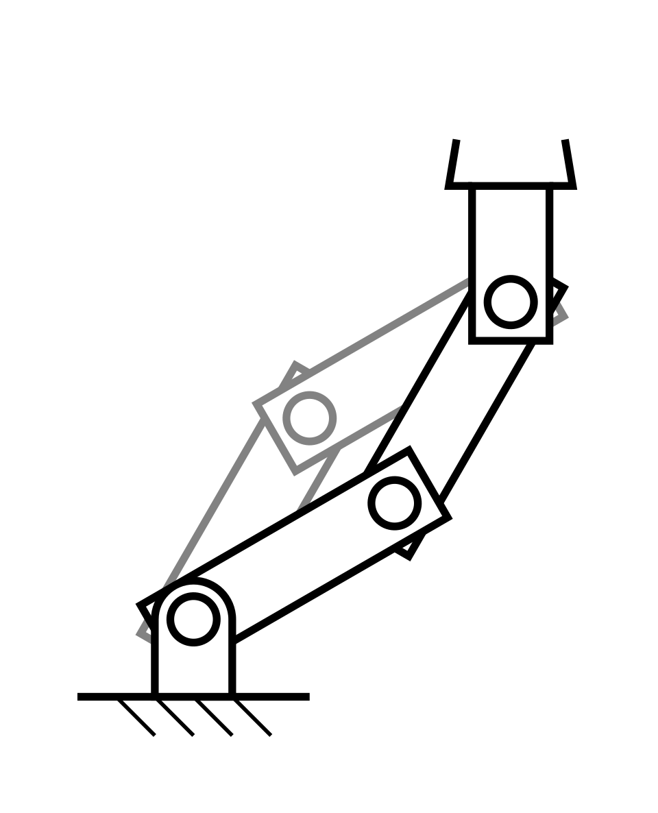 Line drawing of a two-link arm reaching the same point in two ways, once with the elbow up and once with the elbow down.
