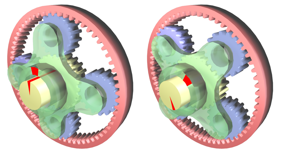 Two 3D renderings of a planetary gear set: a yellow sun gear in the centre, blue planet gears on a green carrier, all inside a red ring gear.